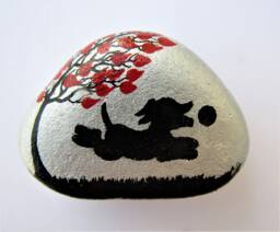 Hand Painted Dog Pebble, Stone Art, Tree Dogs Silhouette, Small Gift, Personalised Rock Painting, Moon Black Dog, Pet Memorial - thumbnail 1
