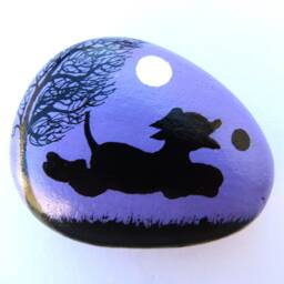 Hand Painted Dog Pebble, Stone Art, Tree Dogs Silhouette, Small Gift, Personalised Rock Painting, Moon Black Dog, Pet Memorial - thumbnail 3