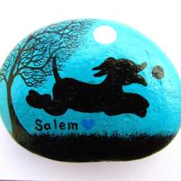 Hand Painted Dog Pebble, Stone Art, Tree Dogs Silhouette, Small Gift, Personalised Rock Painting, Moon Black Dog, Pet Memorial - thumbnail 4