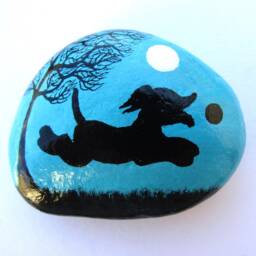 Hand Painted Dog Pebble, Stone Art, Tree Dogs Silhouette, Small Gift, Personalised Rock Painting, Moon Black Dog, Pet Memorial - thumbnail 2