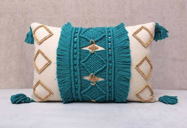 Off-White Teal Cotton Macrame Bohemian, Bali Style Pillow Cover, Decorative Handmade Throw Cover, Embroidered Cover Wlcc035 - image 1