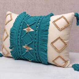 Off-White Teal Cotton Macrame Bohemian, Bali Style Pillow Cover, Decorative Handmade Throw Cover, Embroidered Cover Wlcc035 - thumbnail 3