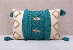 Teal Macrame Pillow Cover, Bohemian Embroidered Cotton Throw