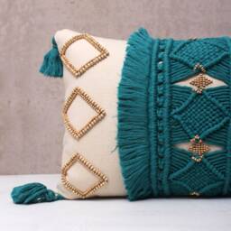 Off-White Teal Cotton Macrame Bohemian, Bali Style Pillow Cover, Decorative Handmade Throw Cover, Embroidered Cover Wlcc035 - thumbnail 2