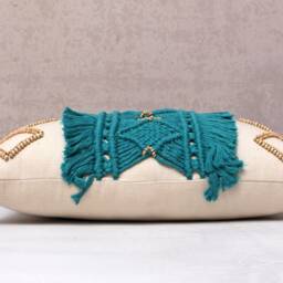 Teal Macrame Pillow Cover, Bohemian Embroidered Cotton Throw - thumbnail 4