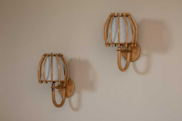 Pair Of Bent Rattan Wall Sconce, Vintage Style, Farmhouse, Coastal Lighting - image 1