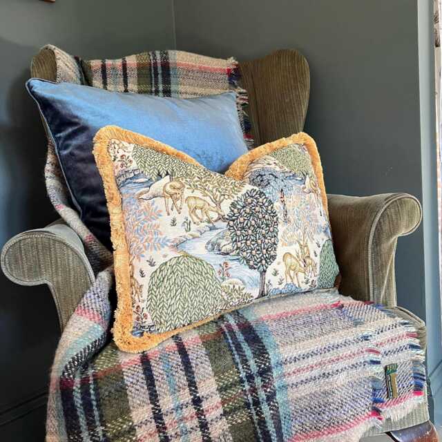 William Morris Tapestry Cushion Deer Garden Print With Mustard Fringe - image 1