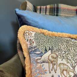 William Morris Tapestry Cushion Deer Garden Print With Mustard Fringe - thumbnail 3