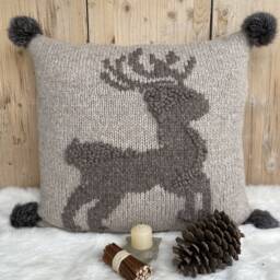 Embroidered Deer Alpaca Pillow, Fur Pompom Cushion, Christmas Decor