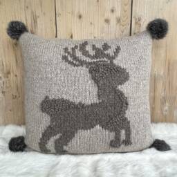 Embroidered Deer Alpaca Pillow, Fur Pompom Cushion, Christmas Decor - thumbnail 2