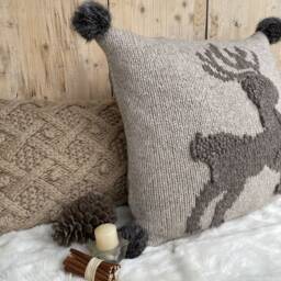 Embroidered Deer Alpaca Pillow, Fur Pompom Cushion, Christmas Decor - thumbnail 4