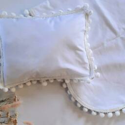 Pompom Trim Baby Wrap & Pillowcase Set in White Or Cream Fabric, Unlined, Complimentary Pillow Insert Included - Custom Blanket Case - thumbnail 3