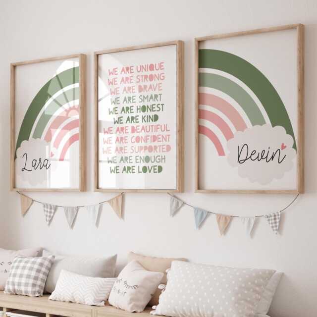 Set Of 3 Rainbow Prints, Affirmation Shared Bedroom, Colourful, Pink, Sage Green, Playroom Wall Art, Motivational Print, Loved - image 1