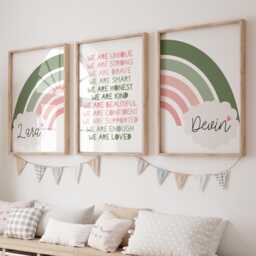 Set Of 3 Rainbow Prints, Affirmation Shared Bedroom, Colourful, Pink, Sage Green, Playroom Wall Art, Motivational Print, Loved - thumbnail 1