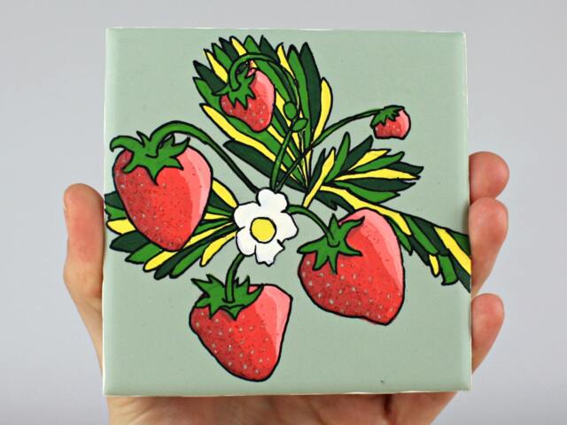 Mint Green Tile Art Painting With Strawberry Plant. Boho Chic Home Decor Gift For Her. Cheerful, Cute Hand-Painted Wall Hanging Kitchen - image 1