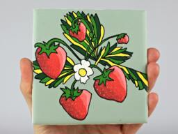 Mint Green Tile Art Painting With Strawberry Plant. Boho Chic Home Decor Gift For Her. Cheerful, Cute Hand-Painted Wall Hanging Kitchen - thumbnail 1