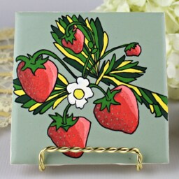 Mint Green Tile Art Painting With Strawberry Plant. Boho Chic Home Decor Gift For Her. Cheerful, Cute Hand-Painted Wall Hanging Kitchen - thumbnail 3
