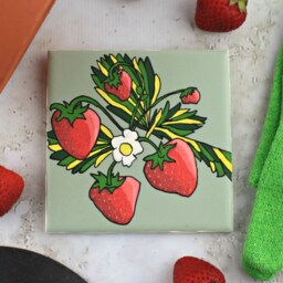 Mint Green Tile Art Painting With Strawberry Plant. Boho Chic Home Decor Gift For Her. Cheerful, Cute Hand-Painted Wall Hanging Kitchen - thumbnail 2
