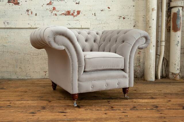 British Handmade Soft Light Grey Velvet Chesterfield Armchair - image 1