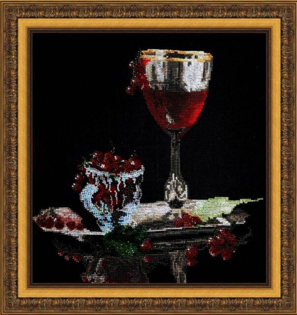 Handmade Still Life Cross Stitch Wine Glass & Berries, Framed Wall Decor - 27x29 cm - image 1