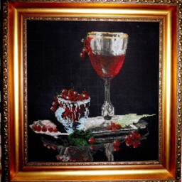 Handmade Still Life Cross Stitch Wine Glass & Berries, Framed Wall Decor - 27x29 cm - thumbnail 2