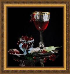 Handmade Still Life Cross Stitch Wine Glass & Berries, Framed Wall Decor - 27x29 cm - thumbnail 1