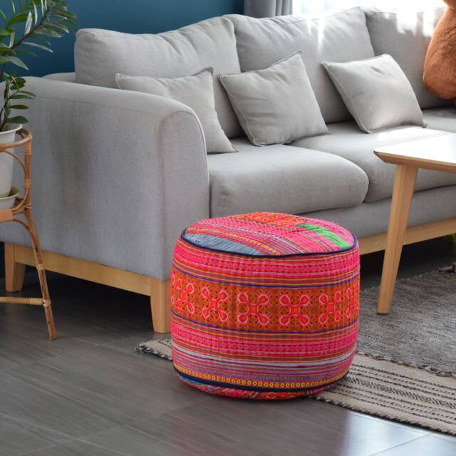 Hmong Hill Tribe Ottoman Pouf Pink & Blue Embroidered Pillow - image 1