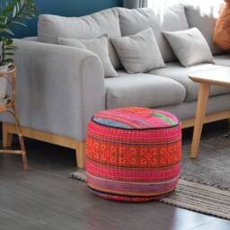 Hmong Hill Tribe Ottoman Pouf Pink & Blue Embroidered Pillow