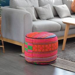 Hmong Hill Tribe Ottoman Pouf Pink & Blue Embroidered Pillow - thumbnail 3