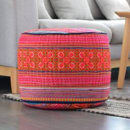 Hmong Hill Tribe Ottoman Pouf Pink & Blue Embroidered Pillow - thumbnail 2