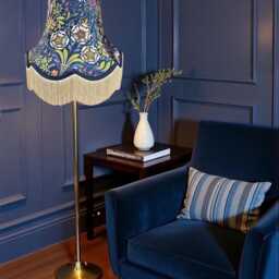 Handcrafted William Morris Blue Floral Fabric Scalloped Lampshade Navy Braid, Cream Fringe, British Made - thumbnail 2