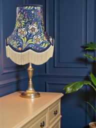 Handcrafted William Morris Blue Floral Fabric Scalloped Lampshade Navy Braid, Cream Fringe, British Made - thumbnail 1