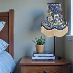 Handcrafted William Morris Blue Floral Fabric Scalloped Lampshade Navy Braid, Cream Fringe, British Made - thumbnail 3