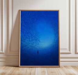 Surreal Ocean Poster, Deep Sea Swirl Art Print, Blue Fish Vortex Wall Art, Underwater Silhouette Illustration, Trippy Aquatic Home Decor - thumbnail 1