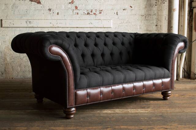 Handmade Charcoal Wool & Dark Brown Leather 2 Seater Chesterfield Sofa - image 1