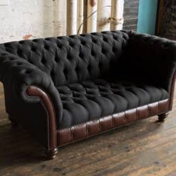 Handmade Charcoal Wool & Dark Brown Leather 2 Seater Chesterfield Sofa - thumbnail 3