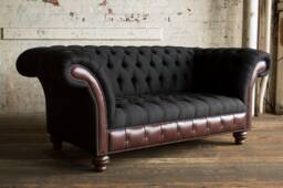 Handmade Charcoal Wool & Dark Brown Leather 2 Seater Chesterfield Sofa - thumbnail 1