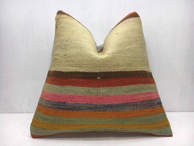 Vintage Handwoven Kilim Pillow, Turkish Bohemian Throw 16x16 - image 1