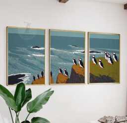 Puffin Wall Art Set Of 3 - Coastal Bird Prints Ocean Cliff Scene Nautical Seaside Decor Scandinavian Nature Artwork - thumbnail 1