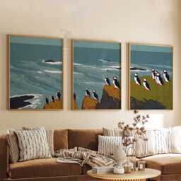 Puffin Wall Art Set Of 3 - Coastal Bird Prints Ocean Cliff Scene Nautical Seaside Decor Scandinavian Nature Artwork - thumbnail 3