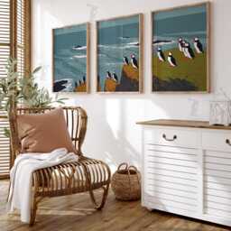 Puffin Wall Art Set Of 3 - Coastal Bird Prints Ocean Cliff Scene Nautical Seaside Decor Scandinavian Nature Artwork - thumbnail 2