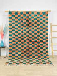 Blue Orange Checkered Moroccan Berber Rug, Custom Shag Area Carpet, Hand Tufted Wool, Boho Decor - thumbnail 1