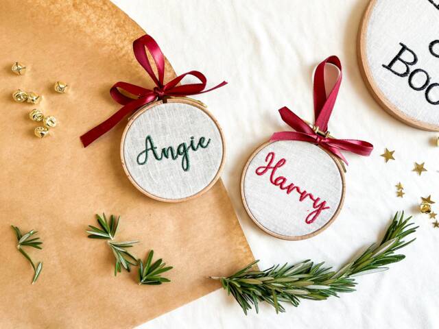 First Name Christmas Tree Decoration - Personalized Heirloom Ornament in Classic Colors Embroidered Linen Fabric Hoop With Ribbon Hanger - image 1
