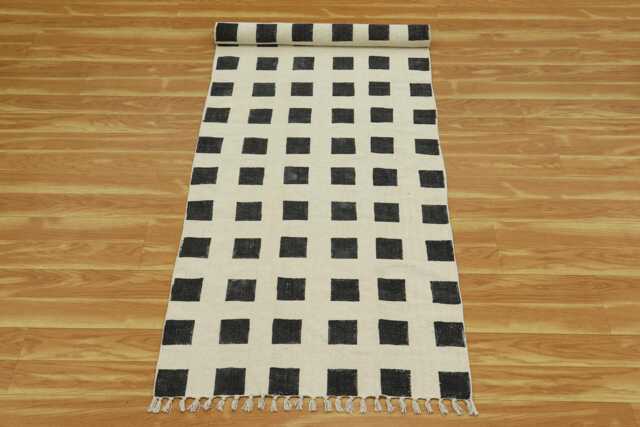 Hand Woven Cotton Dhurrie Rug, Black & White Checkered Rug - image 1