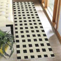 Hand Woven Cotton Dhurrie Rug, Black & White Checkered Rug - thumbnail 3