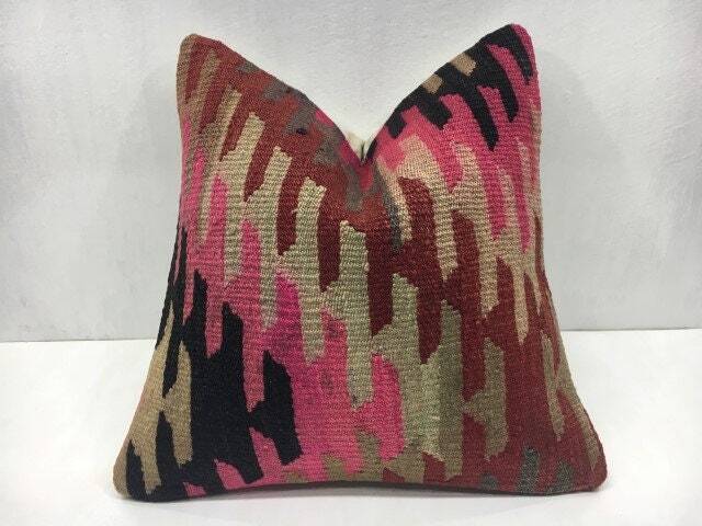 Handwoven Turkish Kilim Pillow Cover, Vintage Rustic Decor - 16x16 - image 1