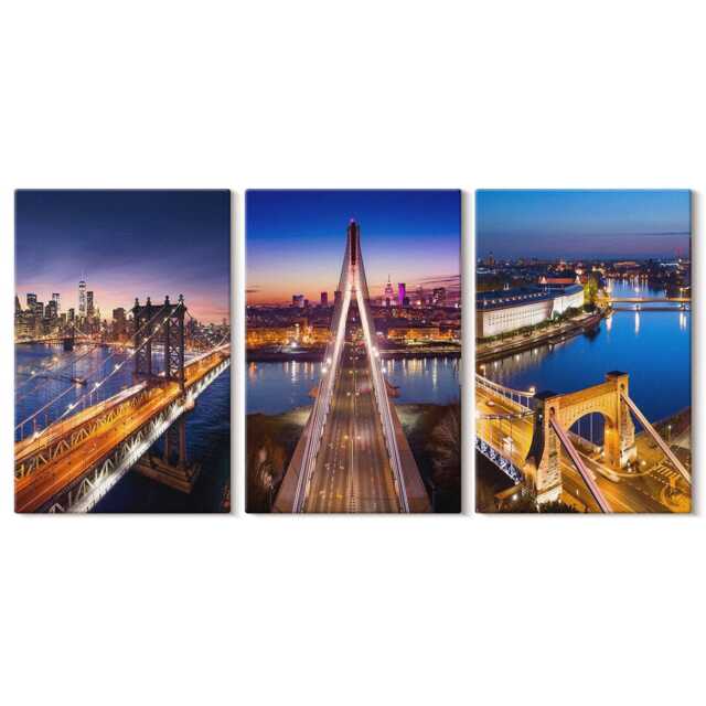 Set Of 3 Canvas Prints - Night Views Cities With Bridges & Rivers, Navy Wall Art, Travels Hanging Piece - image 1