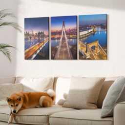 Set Of 3 Canvas Prints - Night Views Cities With Bridges & Rivers, Navy Wall Art, Travels Hanging Piece - thumbnail 3