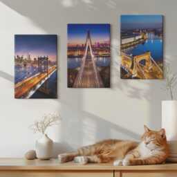 Set Of 3 Canvas Prints - Night Views Cities With Bridges & Rivers, Navy Wall Art, Travels Hanging Piece - thumbnail 2
