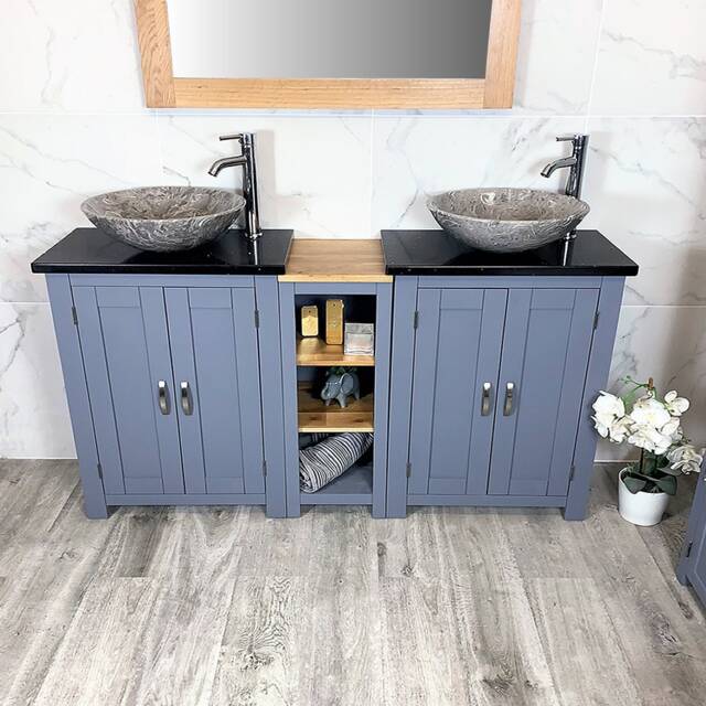 Grey Solid Wood Double Vanity Unit - Black Quartz, Stone Basins - image 1